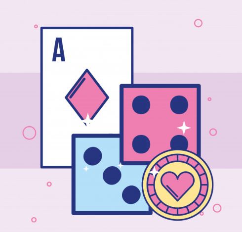 animerad bild i rosa toner, Ess, 2 tärningar och en spelmark